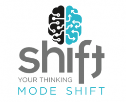 Mode Shift Omaha logo says Shift your thinking with a brain above it with arrows going from one place to another within the brain that is black on the left and light blue on the right