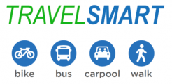 UNMC Travel Smart Program logo has 4 circles each with an icon for: bike, bus, carpool, and walk