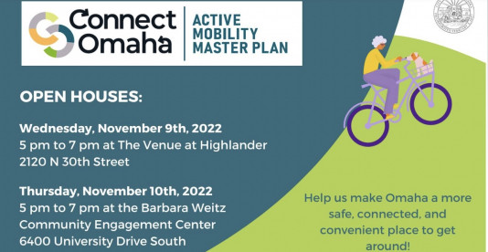 Connect Omaha Active Mobility Master Plan image with event information and a picture of a person wearing yellow and purple on a bicycle. text includes: Help us make a more safe, connected, and convenient place to get around!