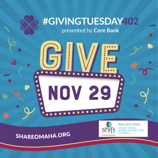 A blue background with confetti-looking graphics with a purple wavy banner at the bottom that says shareomaha.org with Mode Shift Omaha's logo on the ride side of the banner. The main image in focus sayts "give nov 29" with "nov 29" in a movie marquee square. The very top of the image says "#givingtuesday402 presented by core bank"
