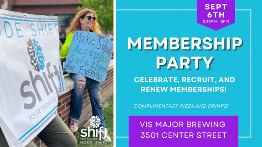 image on the left showing Mode Shift Omaha banner and a person with a sign reading: Make sidewalks accessible, safe, and enjoyable for everyone. text on the right includes details about the mode shift membership party on september 6 at 5:30 pm at Vis Major