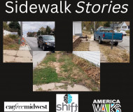 A graphic with three looks at blocked or damaged sidewalks. On the bottom of the image are three logos: From left to right- Car Free Midwest, Mode Shift Omaha, America Walks