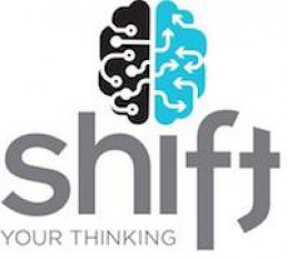 Mode Shift Omaha logo says “Shift your thinking” with a brain above it with arrows going from one place to another within the brain that is black on the left and light blue on the right