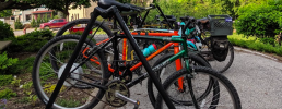 at least 5 bikes on a rack at an event. bikes are black, red and teal.