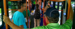 people standing on a bus with orange hand holds