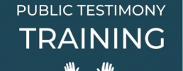 white text says public testimony training with raised hands at the bottom on a dark green background