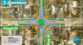 shows roundabout from the Farnam plan including a green circle in the intersection and dividers on streets leading up to the circle