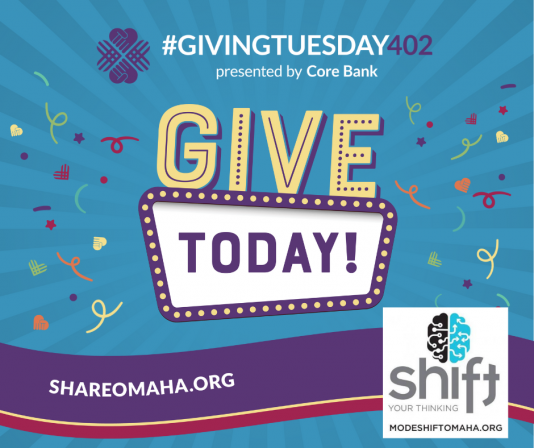 A blue background with confetti-looking graphics with a purple wavy banner at the bottom that says shareomaha.org with Mode Shift Omaha's logo on the ride side of the banner. The main image in focus says "give today" with "today" in a movie marquee square. The very top of the image says "#givingtuesday402 presented by core bank"